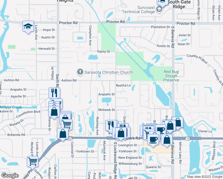 map of restaurants, bars, coffee shops, grocery stores, and more near 5314 South Lockwood Ridge Road in Sarasota