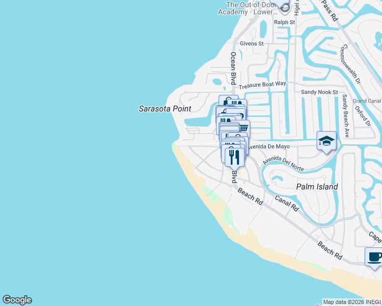 map of restaurants, bars, coffee shops, grocery stores, and more near 82 Avenida Messina in Siesta Key