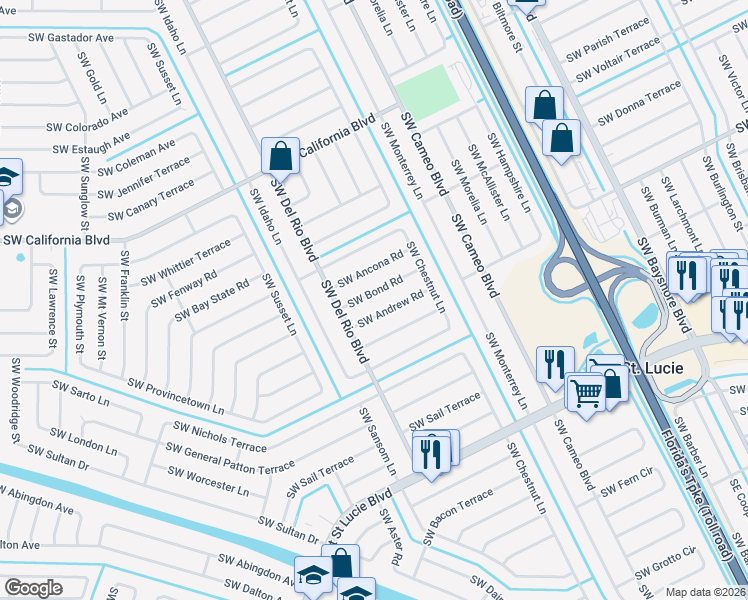 map of restaurants, bars, coffee shops, grocery stores, and more near 761 Southwest Bond Road in Port St. Lucie