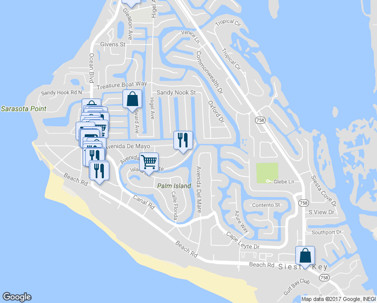 map of restaurants, bars, coffee shops, grocery stores, and more near 721 Avenida Del Norte in Sarasota