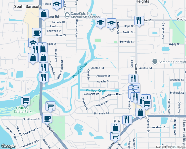 map of restaurants, bars, coffee shops, grocery stores, and more near 2425 Arapaho Street in Sarasota