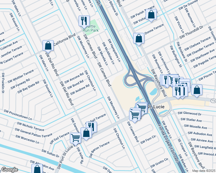 map of restaurants, bars, coffee shops, grocery stores, and more near 2218 Southwest Cameo Boulevard in Port St. Lucie