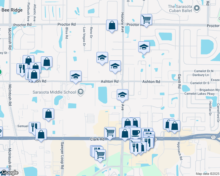map of restaurants, bars, coffee shops, grocery stores, and more near 5240 Echo Lane in Sarasota