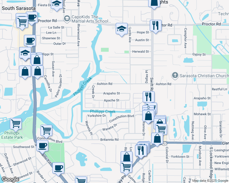 map of restaurants, bars, coffee shops, grocery stores, and more near 2525 Arapaho Street in Sarasota