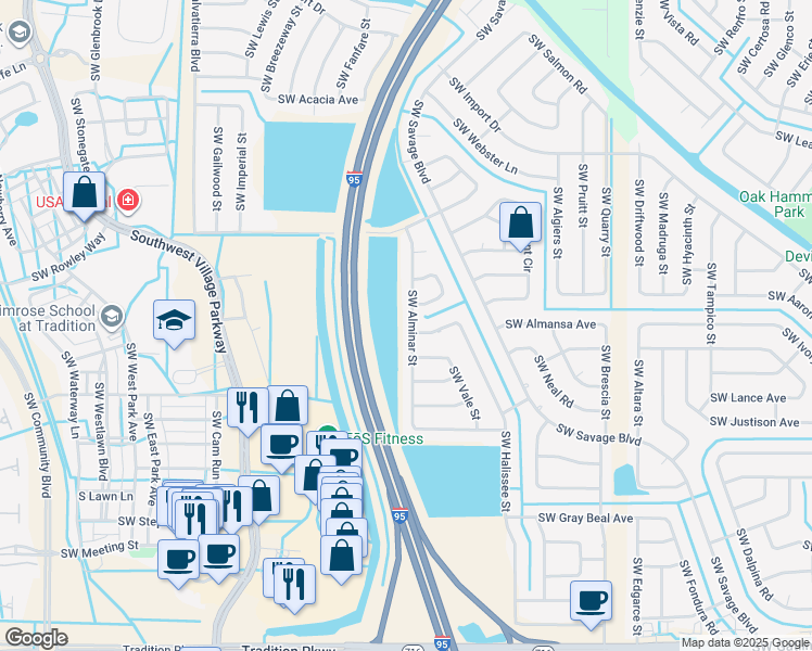 map of restaurants, bars, coffee shops, grocery stores, and more near 2250 Southwest Alminar Street in Port St. Lucie