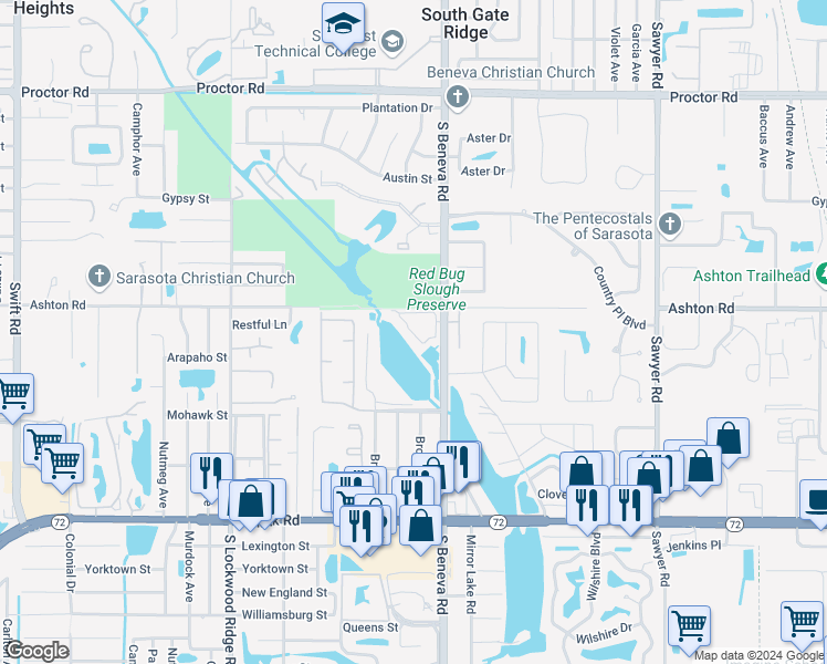 map of restaurants, bars, coffee shops, grocery stores, and more near 5367 Lake Arrowhead Trail in Sarasota