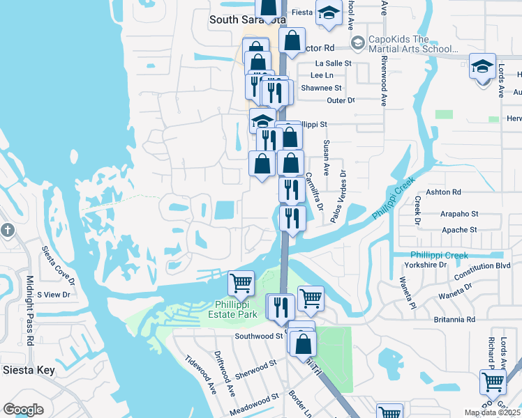 map of restaurants, bars, coffee shops, grocery stores, and more near 1900 Phillippi Shores Drive in Sarasota