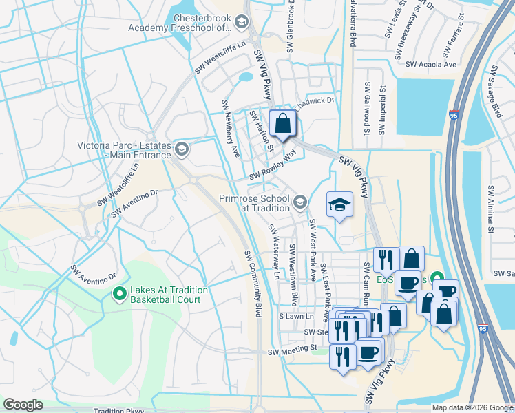 map of restaurants, bars, coffee shops, grocery stores, and more near 10375 Southwest Landry Lane in Port St. Lucie