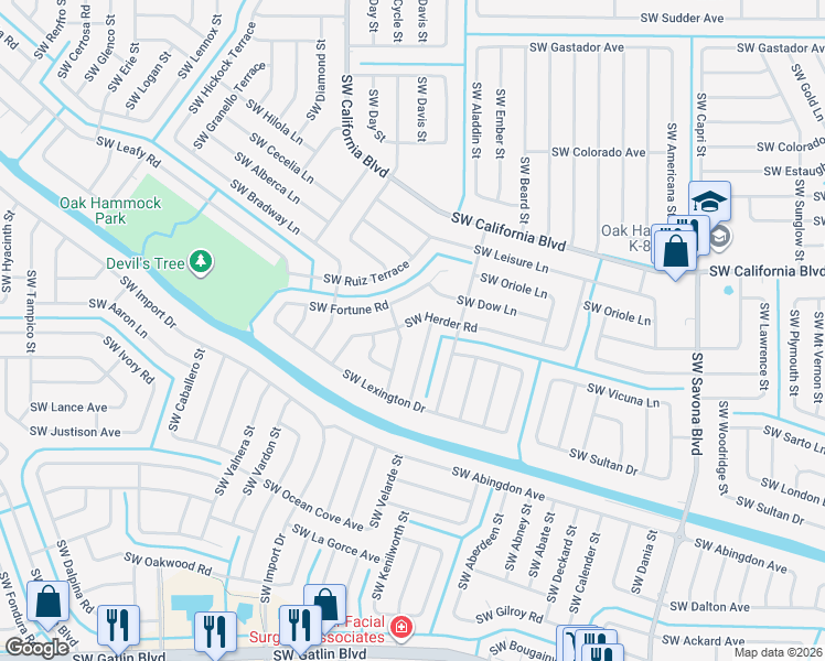 map of restaurants, bars, coffee shops, grocery stores, and more near 1586 Southwest Herder Road in Port St. Lucie