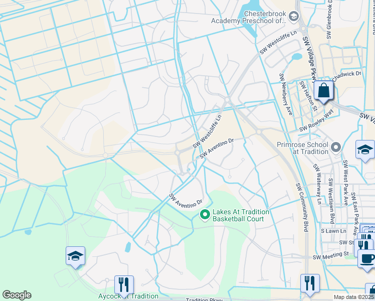 map of restaurants, bars, coffee shops, grocery stores, and more near 12002 Southwest Westcliffe Lane in Port St. Lucie