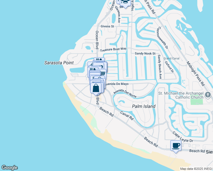 map of restaurants, bars, coffee shops, grocery stores, and more near 332 Avenida De Mayo in Siesta Key