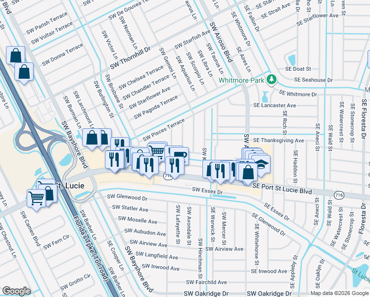 map of restaurants, bars, coffee shops, grocery stores, and more near 2191 Southwest Barthel Street in Port St. Lucie