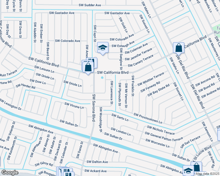 map of restaurants, bars, coffee shops, grocery stores, and more near 2240 Southwest Lawrence Street in Port St. Lucie