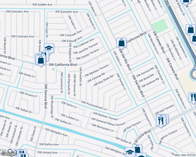 map of restaurants, bars, coffee shops, grocery stores, and more near 974 Southwest Fenway Road in Port St. Lucie