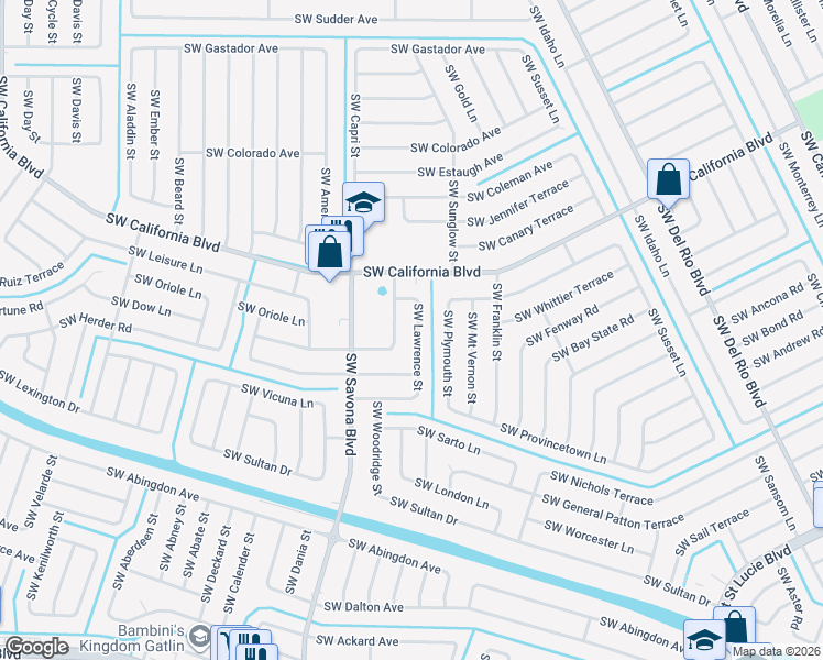 map of restaurants, bars, coffee shops, grocery stores, and more near 2240 Southwest Lawrence Street in Port St. Lucie