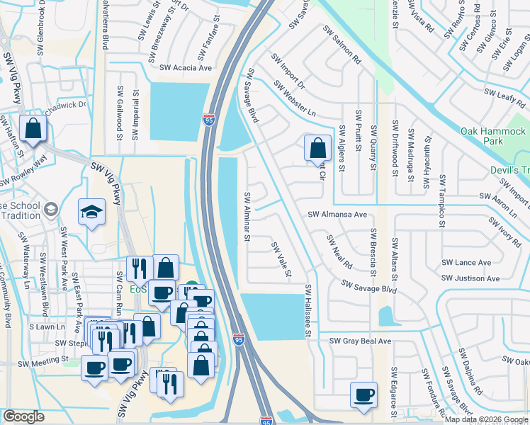 map of restaurants, bars, coffee shops, grocery stores, and more near 2449 Southwest Angus Avenue in Port St. Lucie