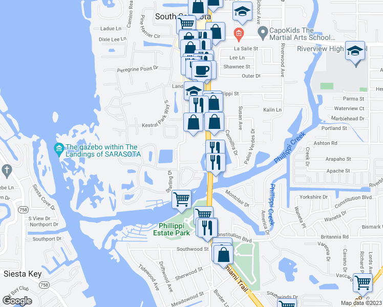 map of restaurants, bars, coffee shops, grocery stores, and more near 1900 Phillippi Shores Drive in Sarasota
