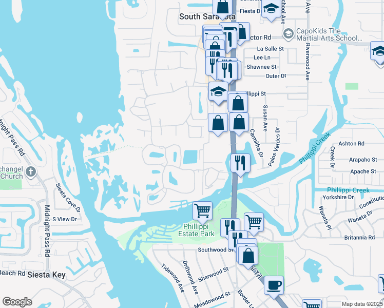 map of restaurants, bars, coffee shops, grocery stores, and more near 1863 Phillippi Shores Drive in Sarasota