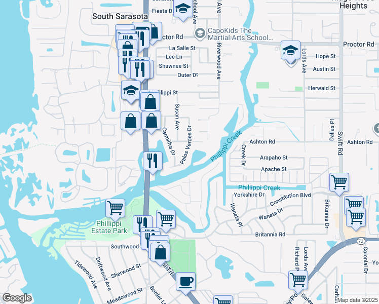map of restaurants, bars, coffee shops, grocery stores, and more near 5321 Palos Verdes Drive in Sarasota