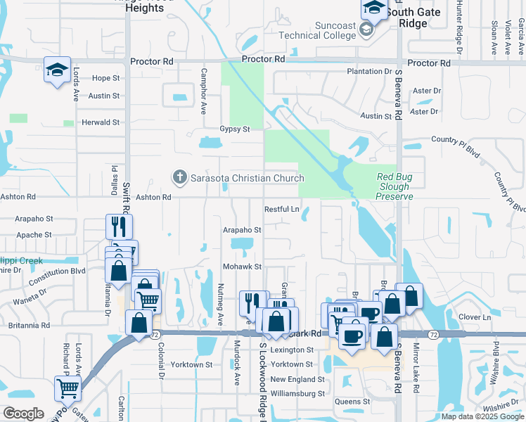 map of restaurants, bars, coffee shops, grocery stores, and more near 5314 South Lockwood Ridge Road in Sarasota