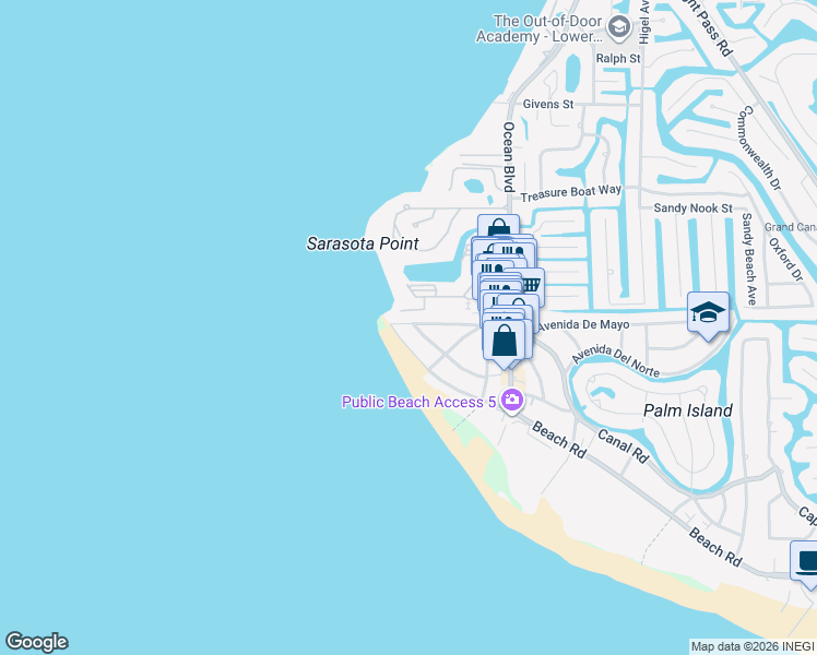 map of restaurants, bars, coffee shops, grocery stores, and more near 45 Beach Road in Siesta Key