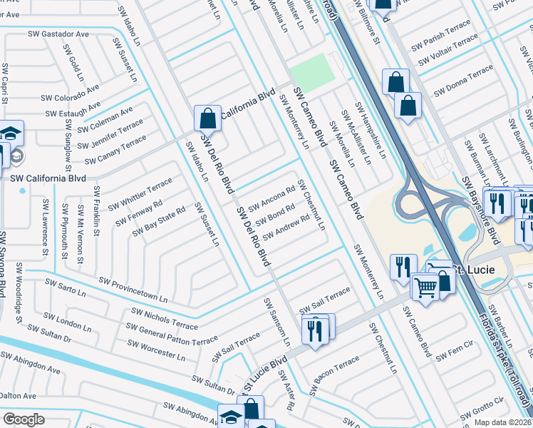 map of restaurants, bars, coffee shops, grocery stores, and more near 761 Southwest Bond Road in Port St. Lucie