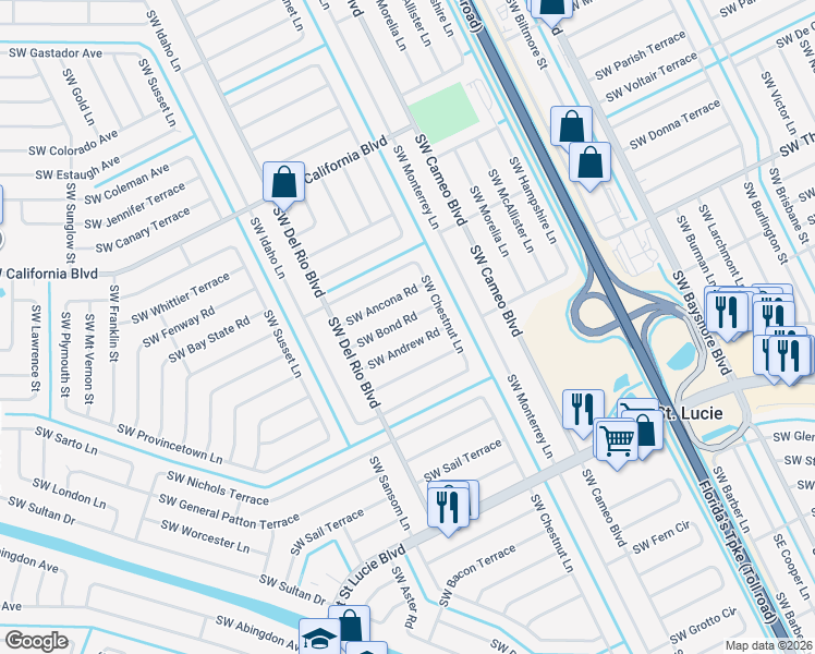 map of restaurants, bars, coffee shops, grocery stores, and more near 732 SW Bond Rd in Port St Lucie