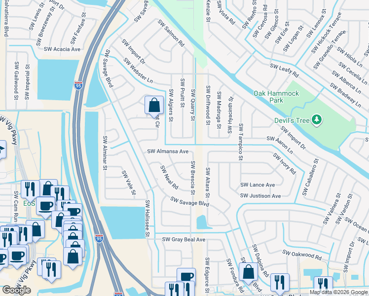 map of restaurants, bars, coffee shops, grocery stores, and more near 2221 Southwest Almansa Avenue in Port St. Lucie