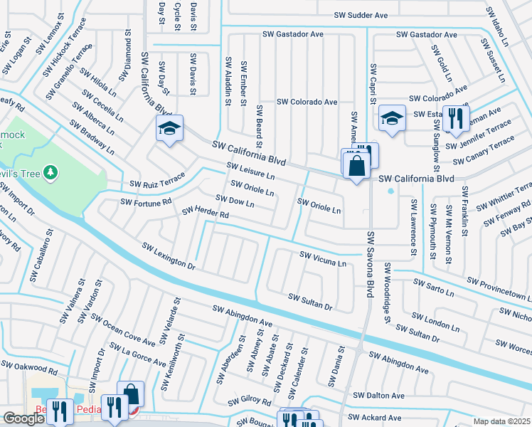 map of restaurants, bars, coffee shops, grocery stores, and more near 1418 Southwest Dow Lane in Port St. Lucie