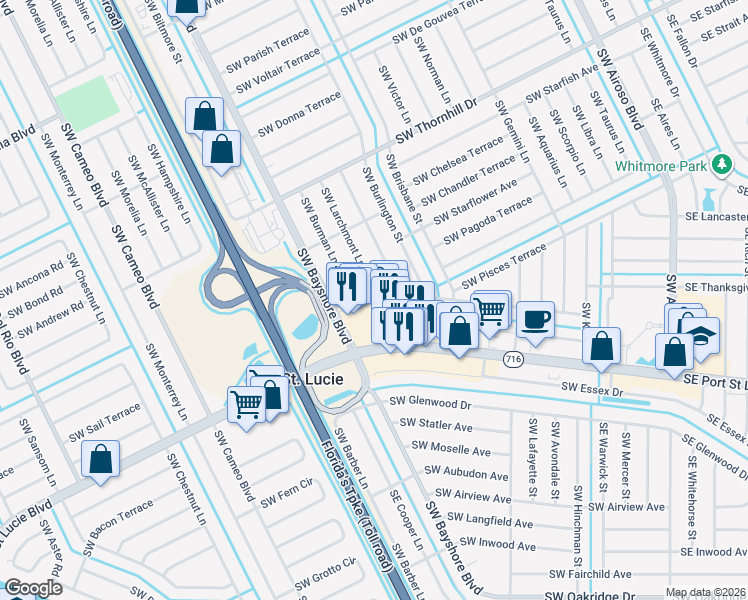 map of restaurants, bars, coffee shops, grocery stores, and more near 284 Southwest Crescent Avenue in Port St. Lucie