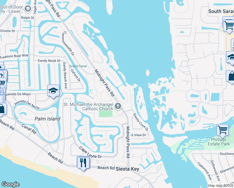 map of restaurants, bars, coffee shops, grocery stores, and more near 5225 Hidden Harbor Road in Siesta Key