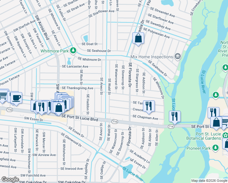 map of restaurants, bars, coffee shops, grocery stores, and more near 2192 Southeast Watercrest Street in Port St. Lucie