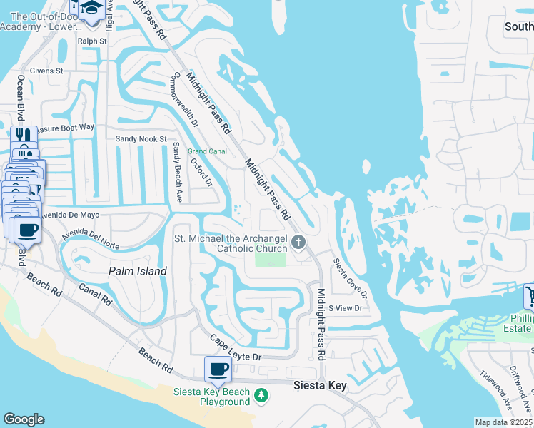 map of restaurants, bars, coffee shops, grocery stores, and more near 5207 Winding Way in Siesta Key