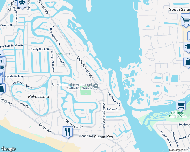 map of restaurants, bars, coffee shops, grocery stores, and more near 5225 Hidden Harbor Road in Siesta Key