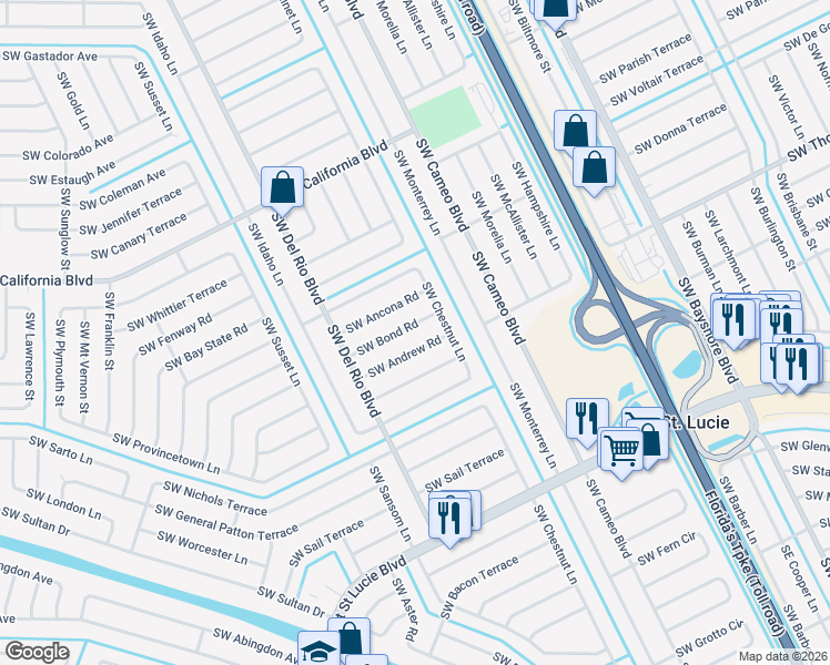 map of restaurants, bars, coffee shops, grocery stores, and more near 732 Southwest Bond Road in Port St. Lucie