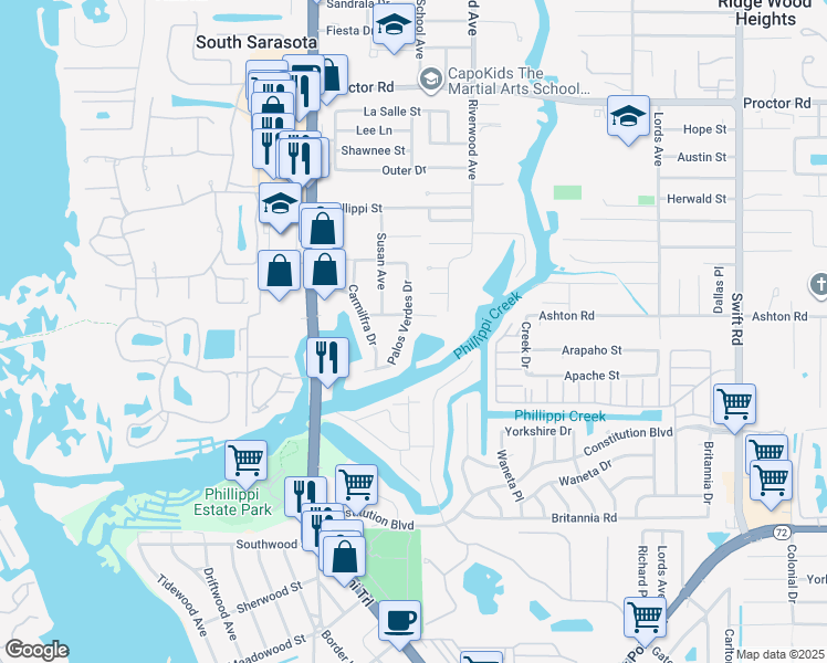 map of restaurants, bars, coffee shops, grocery stores, and more near 5321 Palos Verdes Drive in Sarasota
