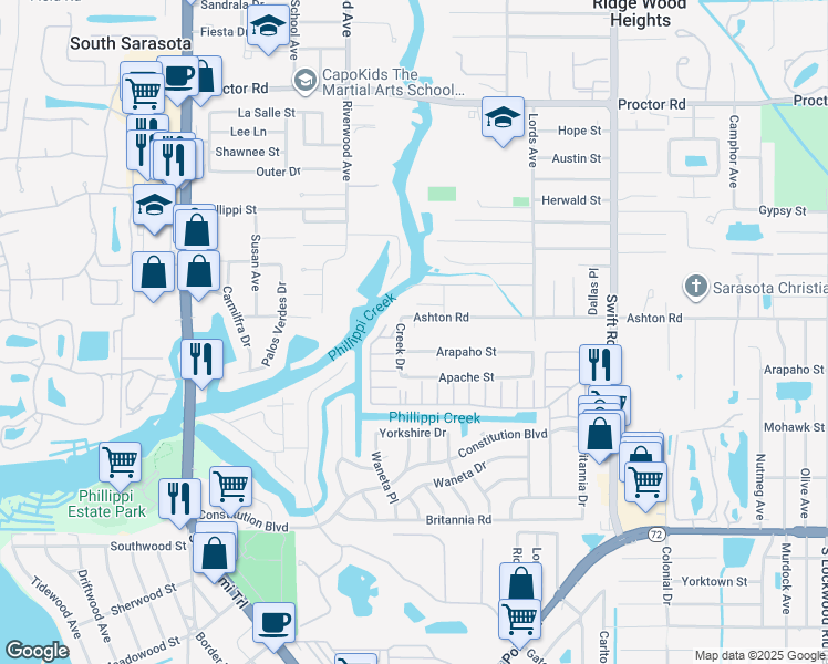 map of restaurants, bars, coffee shops, grocery stores, and more near 2410 Ashton Road in Sarasota