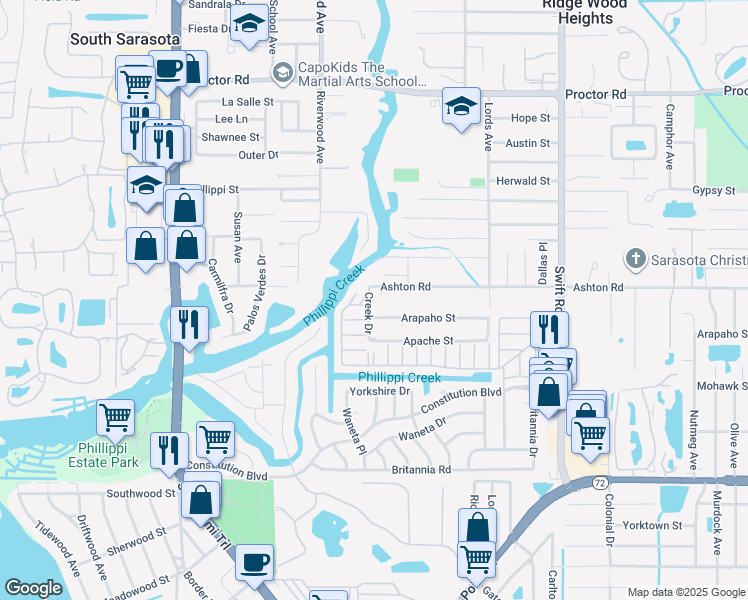 map of restaurants, bars, coffee shops, grocery stores, and more near 5311 Creek Drive in Sarasota