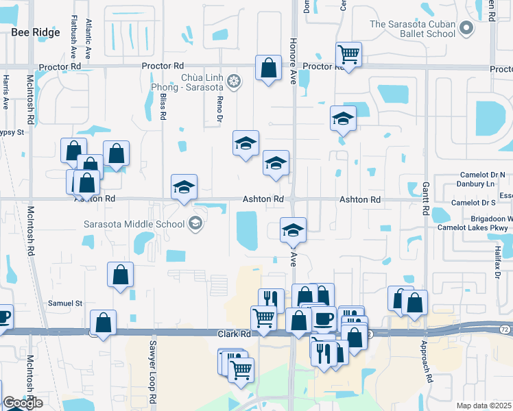 map of restaurants, bars, coffee shops, grocery stores, and more near 5122 Ashton Road in Sarasota