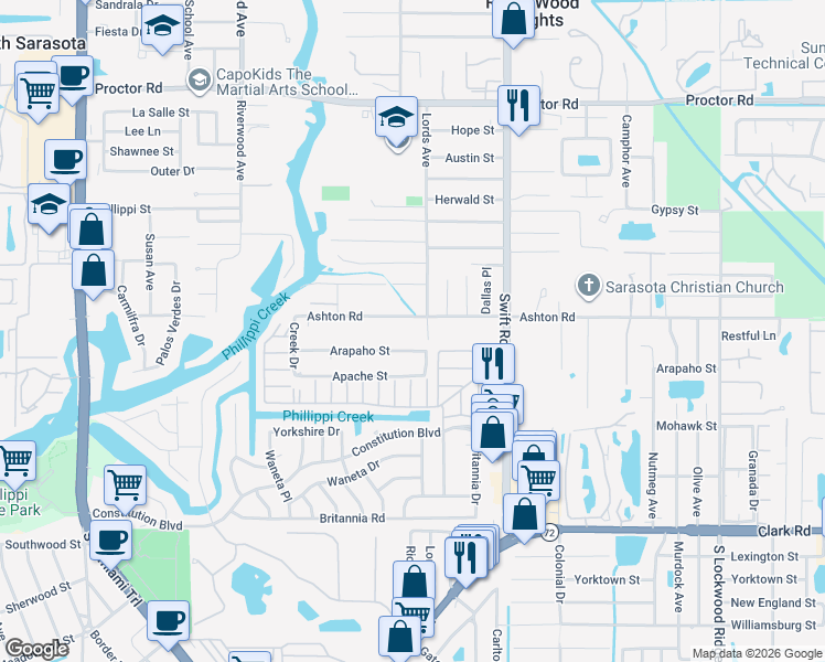map of restaurants, bars, coffee shops, grocery stores, and more near 2560 Ashton Road in Sarasota