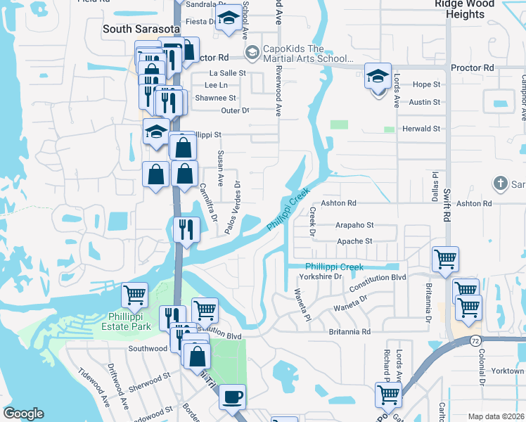 map of restaurants, bars, coffee shops, grocery stores, and more near 2272 Wason Road in Sarasota