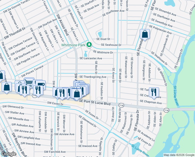 map of restaurants, bars, coffee shops, grocery stores, and more near 2201 Southeast Rich Street in Port St. Lucie