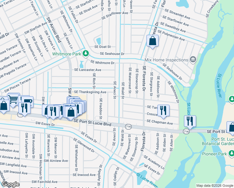 map of restaurants, bars, coffee shops, grocery stores, and more near 2201 Southeast Aneci Street in Port St. Lucie