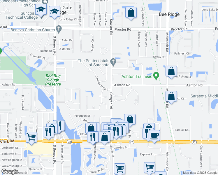 map of restaurants, bars, coffee shops, grocery stores, and more near 3699 Country Place Boulevard in Sarasota