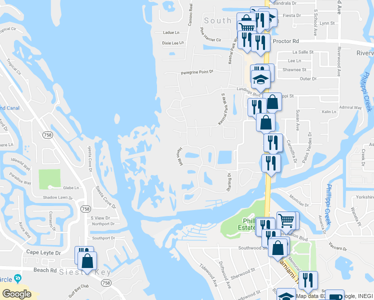 map of restaurants, bars, coffee shops, grocery stores, and more near 5214 Landings Boulevard in Sarasota