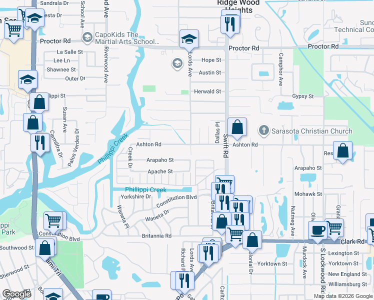 map of restaurants, bars, coffee shops, grocery stores, and more near 2560 Ashton Road in Sarasota