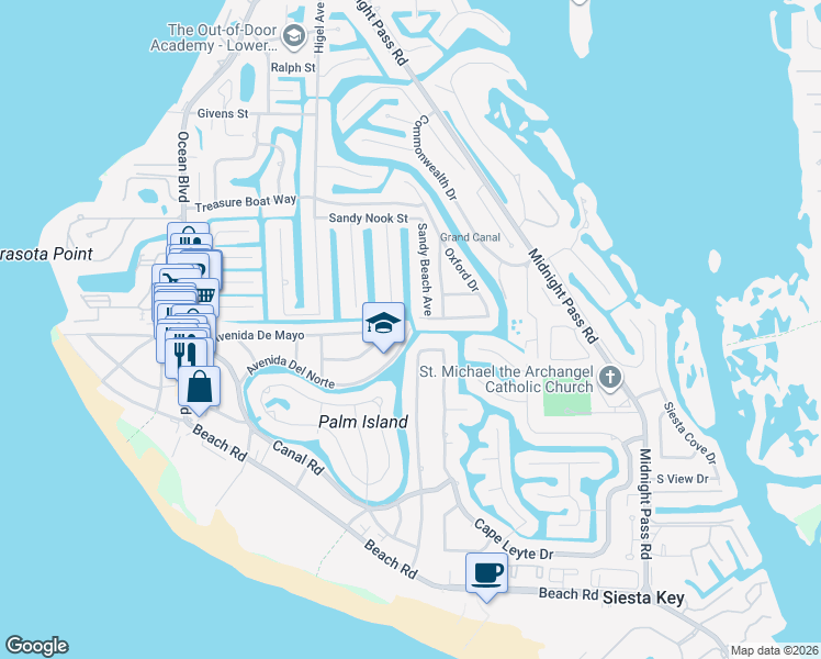 map of restaurants, bars, coffee shops, grocery stores, and more near 721 Avenida Del Norte in Sarasota
