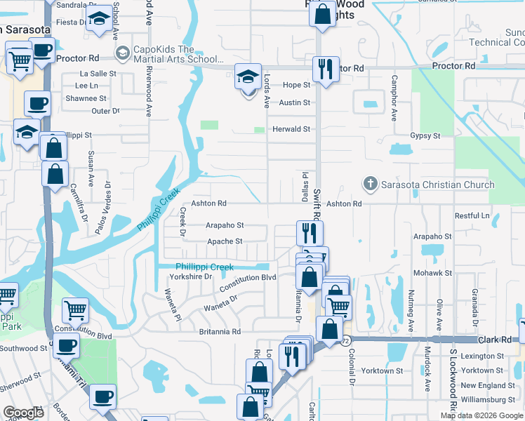 map of restaurants, bars, coffee shops, grocery stores, and more near 2560 Ashton Road in Sarasota