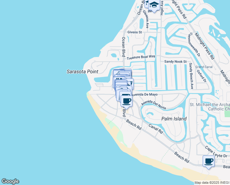 map of restaurants, bars, coffee shops, grocery stores, and more near 125 Avenida Messina in Siesta Key