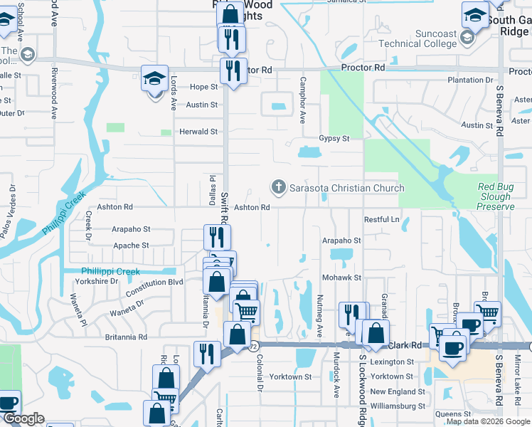 map of restaurants, bars, coffee shops, grocery stores, and more near 5311 Midland Road in Sarasota